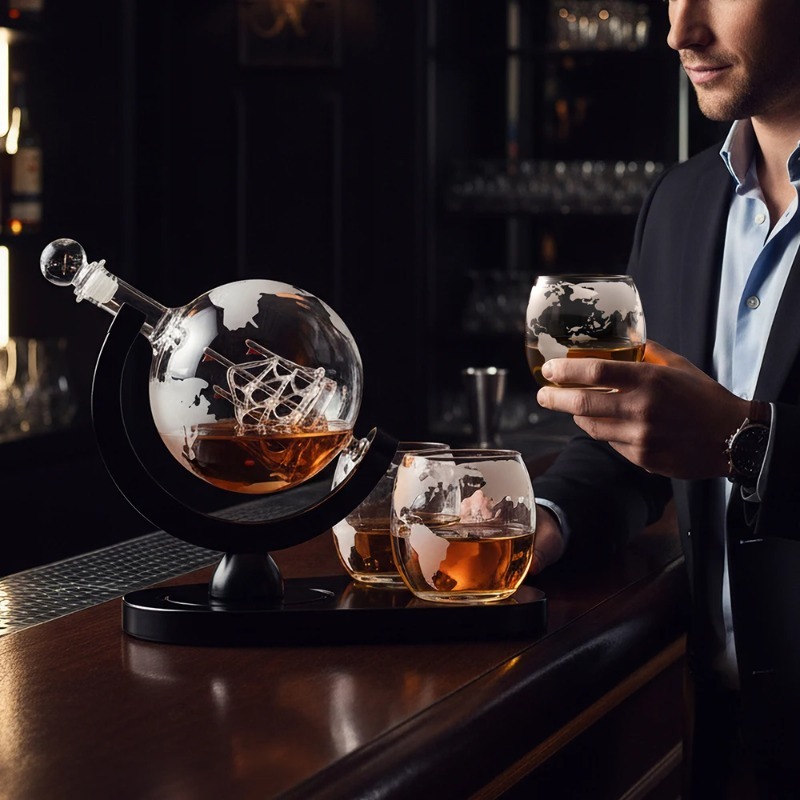 Decanter Globe Set - クリエイティブな地球儀型デカンタセット、精巧な木製スタンドと2つのウイスキーグラス付き、ウイスキーデカンタ地球儀、高級ギフト、男性への贈り物
