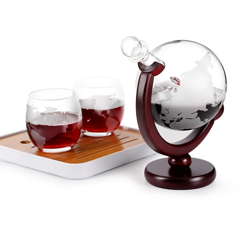 Decanter Globe Set - ウイスキーデカンタ グローブ ワイングラスセット ヨットスカル クリスタルウイスキーカラフェ 内側に上質な木製スタンド付き