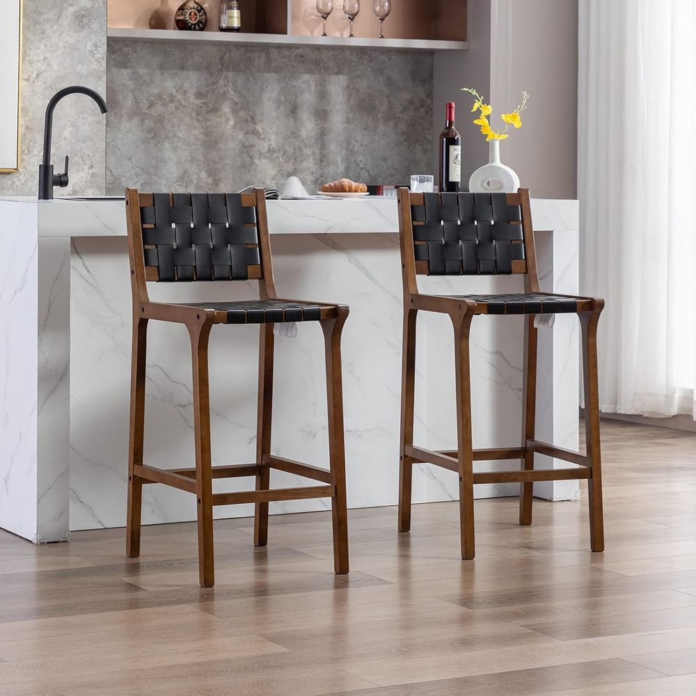 Home Bar Stools - 木製バースツール2脚セット、ブラックレザーストラップシート、オープンバックデザイン、ウォールナット仕上げ、ホームバー/ダイニング/キッチンに最適