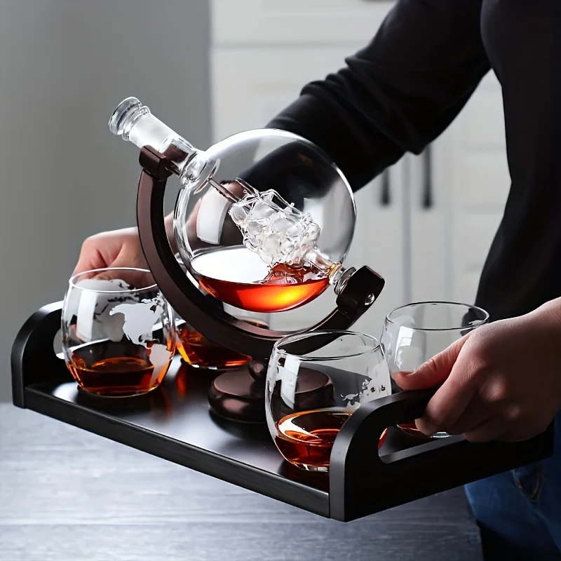 Decanter Globe Set - 地球儀型のウイスキーデカンタ、ホウケイ酸ガラス製、木製ベース付き、ユニークなワインエアレーターボトル、ホームバーの装飾に最適なギフト
