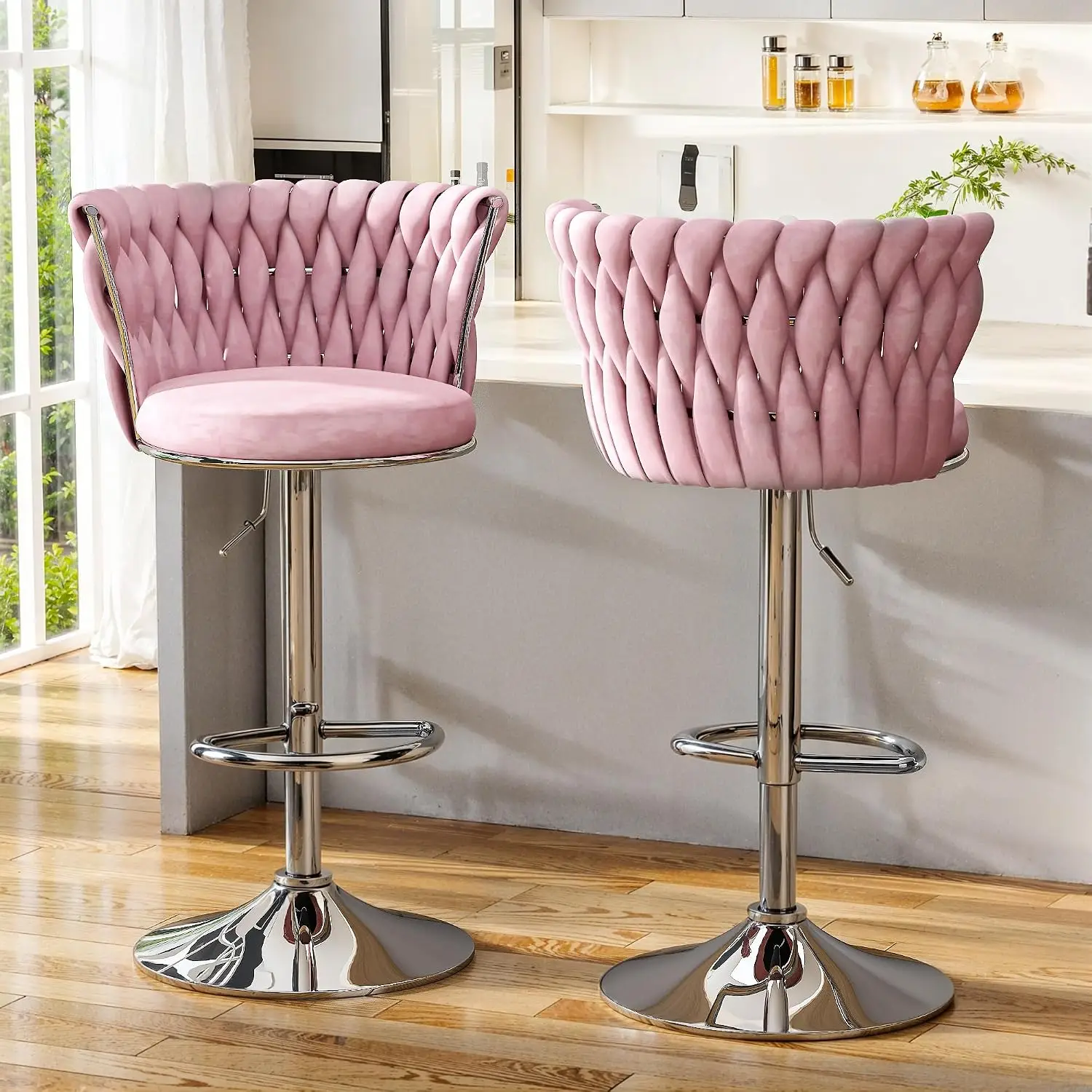 Home Bar Stools - ベルベットバースツール2個セット、背もたれとフットレスト付き回転式カウンター高さバーチェア、調節可能な布張りキッチンアイランドスツール、ダイニングルーム、リビングルーム、ホームバー用、ピンク