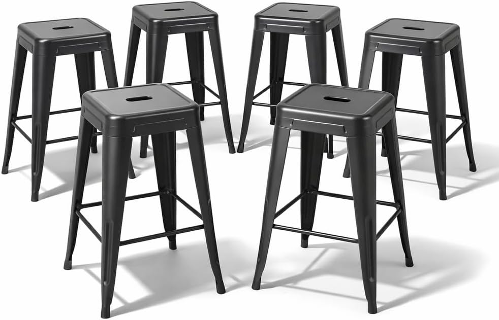 Home Bar Seating - ミッドナイトブラックメタルカウンターハイトスツール6脚セット、24インチ工業用ワンピーススチールスツール、マットブラックキッチンアイランドチェア、バースツール、ヘビーデューティーシート、ダイニングルーム、ホームバー用、ブラック