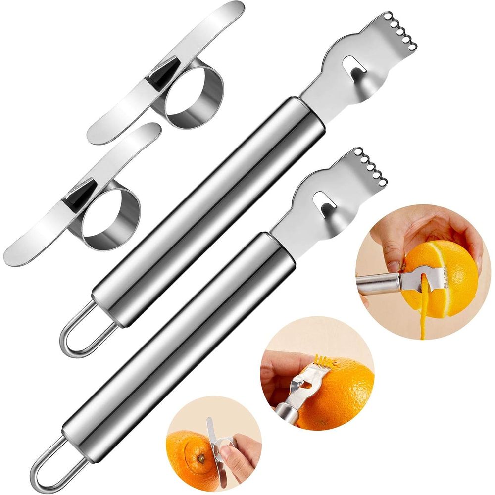 Peeler Channel Knife - 4ピースステンレス製レモンゼスター＆ピーラーセット（柑橘類用）、チャンネルナイフとリングオープナー付きキッチンガジェット