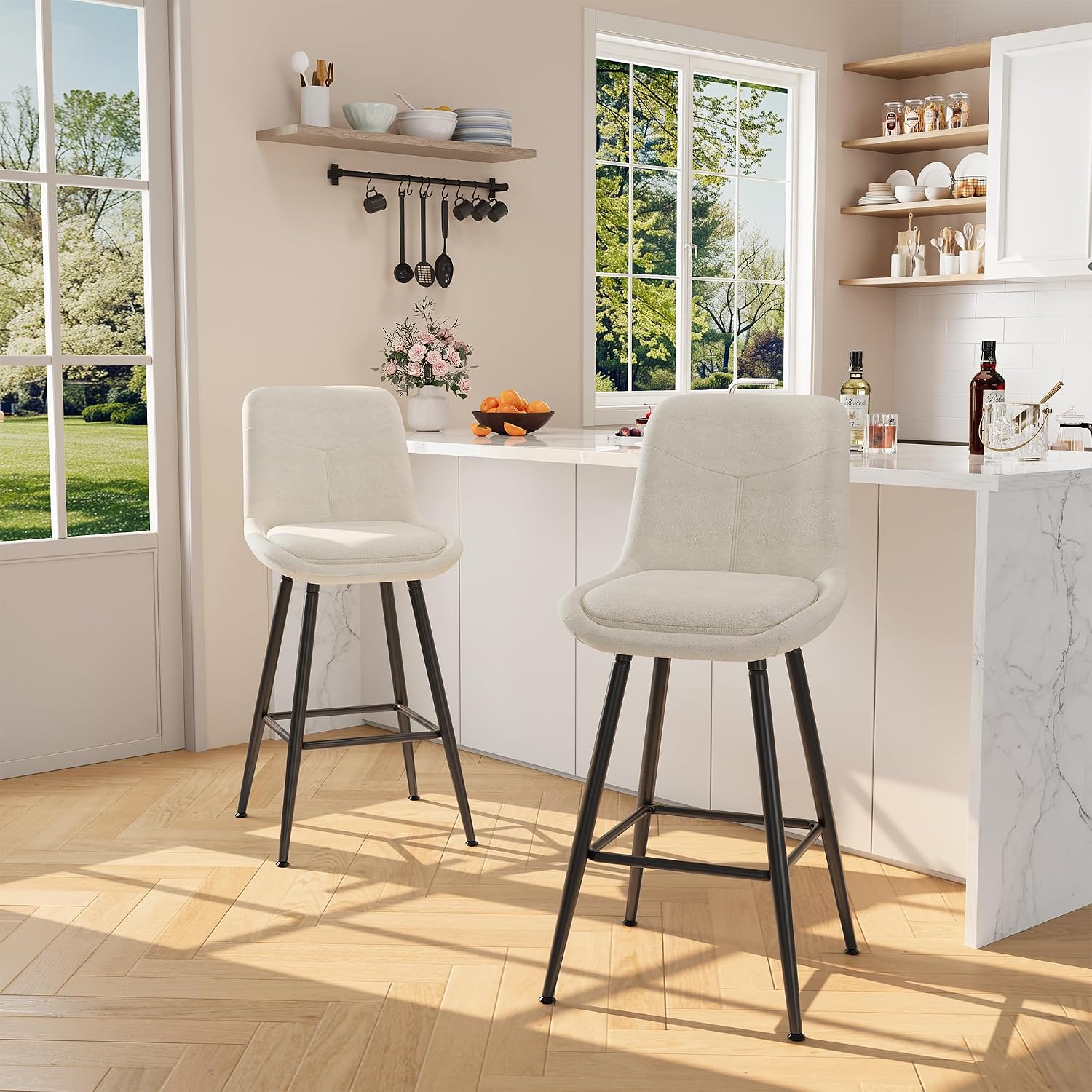 Home Bar Stools - 25インチの布張りバースツール2個セット、カウンター高さのシェニールバースツール、背もたれとフットレスト付き、キッチンアイランド用