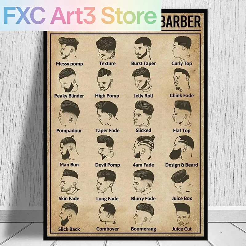 Home Barbershop - フレームレス、レトロなヘアカットの種類理髪店ポスターとプリントキャンバス絵画ヴィンテージウォールアート理髪店ルーム家の装飾用 G