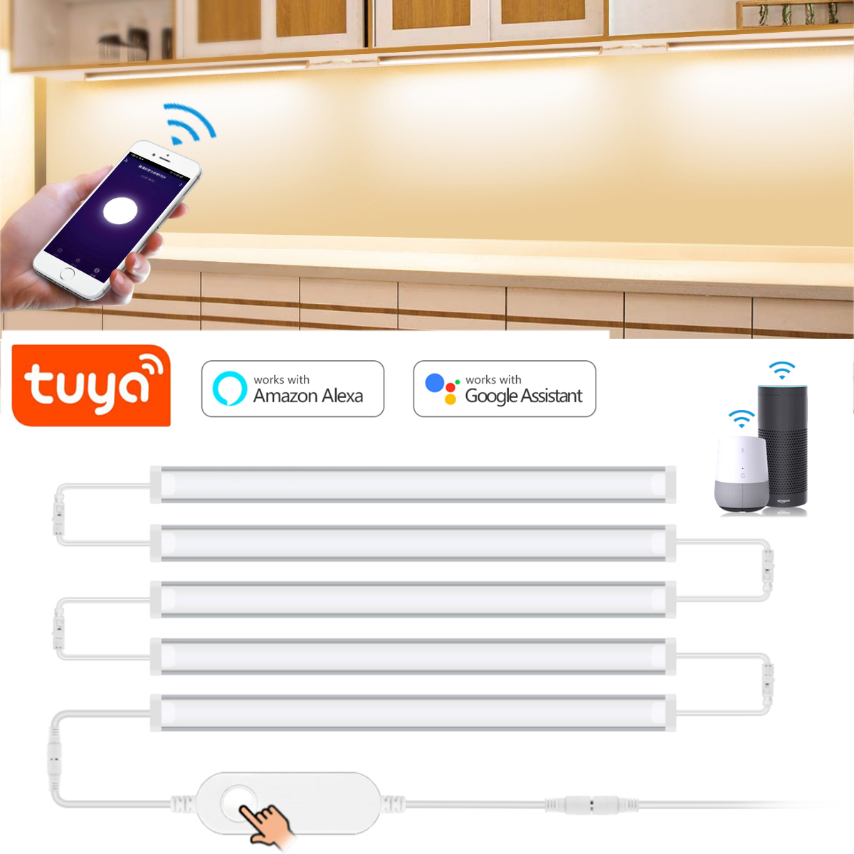 Home Bargains - Tuya-キャビネットランプの下にあるスマートLED,キッチン照明,ワードローブ,クローゼット,食器棚用のwifiウォールライト,AlexaとGoogleHomeで動作,1〜5ユニット
