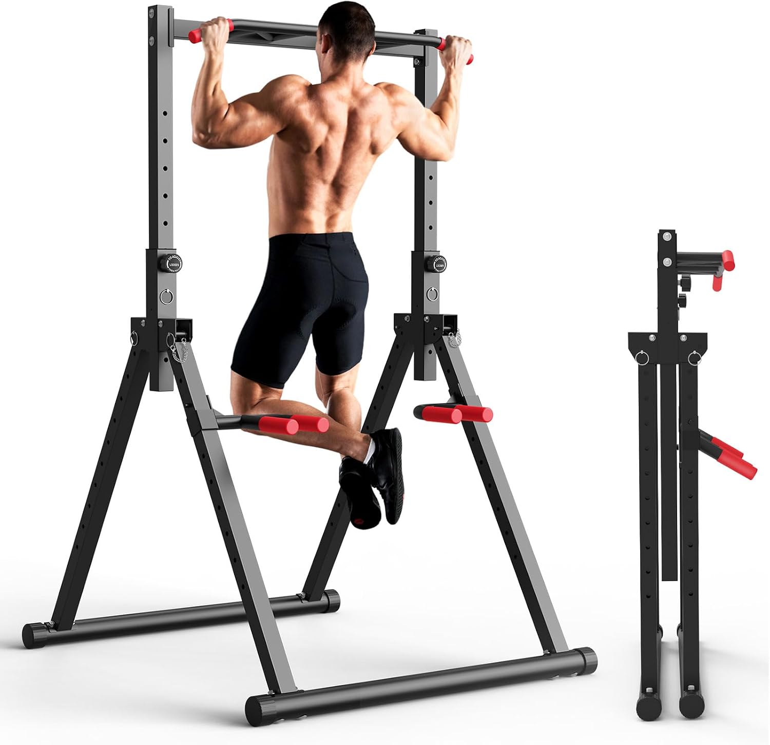 Home Bar Stand - 折りたたみ式パワータワーディップステーション、自立型懸垂バー付きワークアウトフレーム、頑丈なホームジム筋力トレーニング機器、懸垂、ディップス、腕立て伏せ用多機能ボディウェイトフィットネスタワー、ブラック