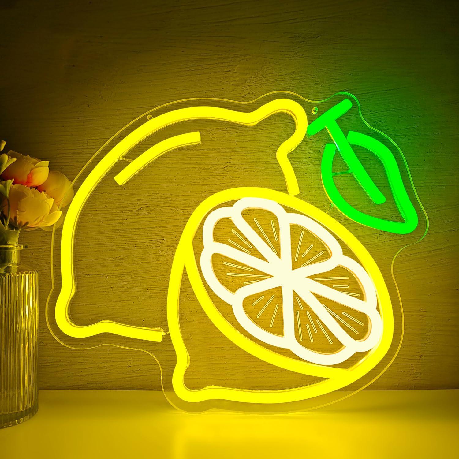 Home Bar Signs - レモンネオンサイン調光可能なLEDライトアップサイン、家庭用キッチン、バスルーム、バー、レモンをテーマにしたパーティー、夏のフルーツウォールアートデコレーション