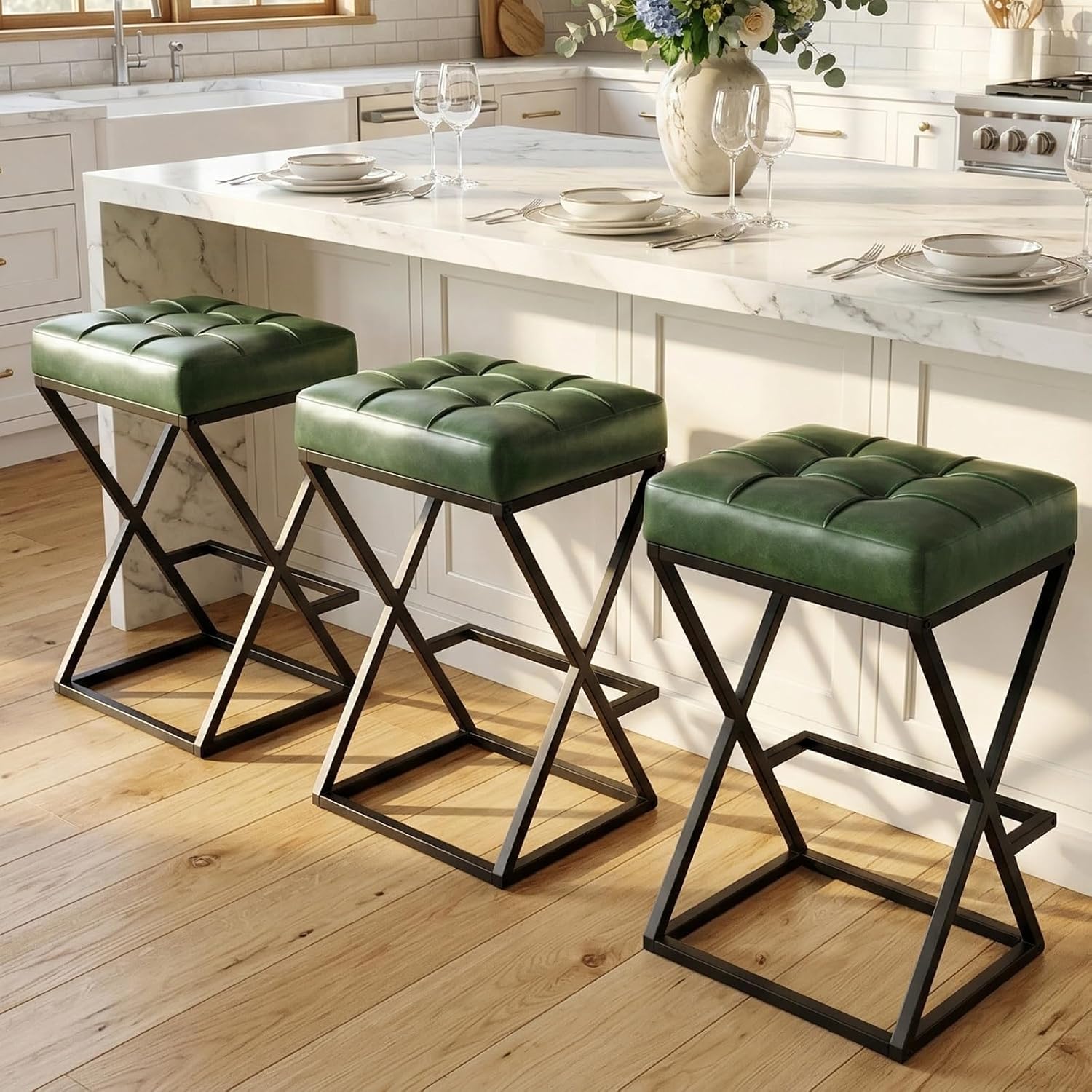 Home Bar Seating - モダンな回転バースツール3脚セット カウンター高さのバーチェア PUレザー張りの背もたれのないクッション Xフレームメタル脚 フットレスト キッチンアイランド