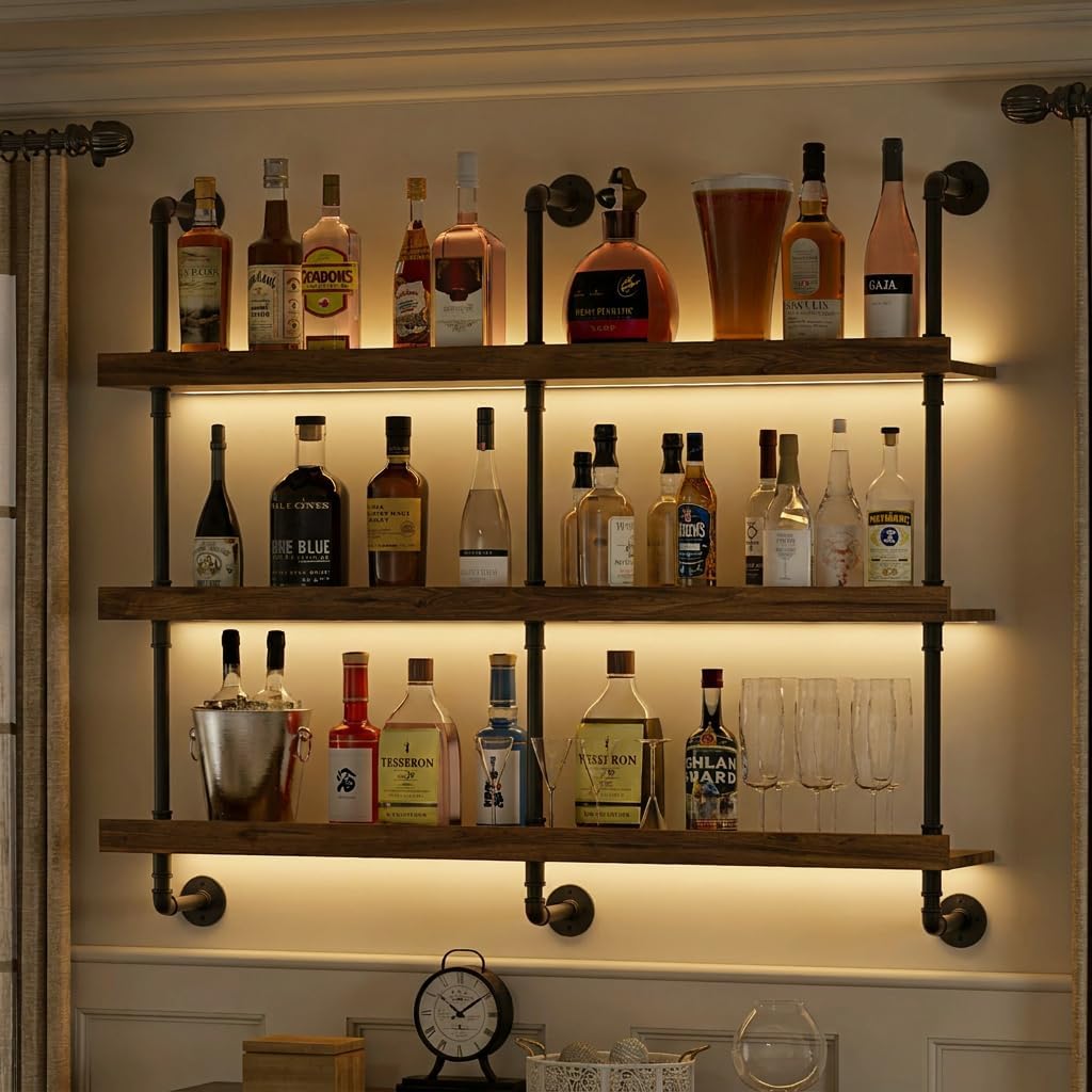 Home Bar Shelf - 壁掛けワインラック LEDライト付き 3段フローティングバーシェルフ 酒瓶ディスプレイ収納用 モダンなワインホルダーオーガナイザー キッチン