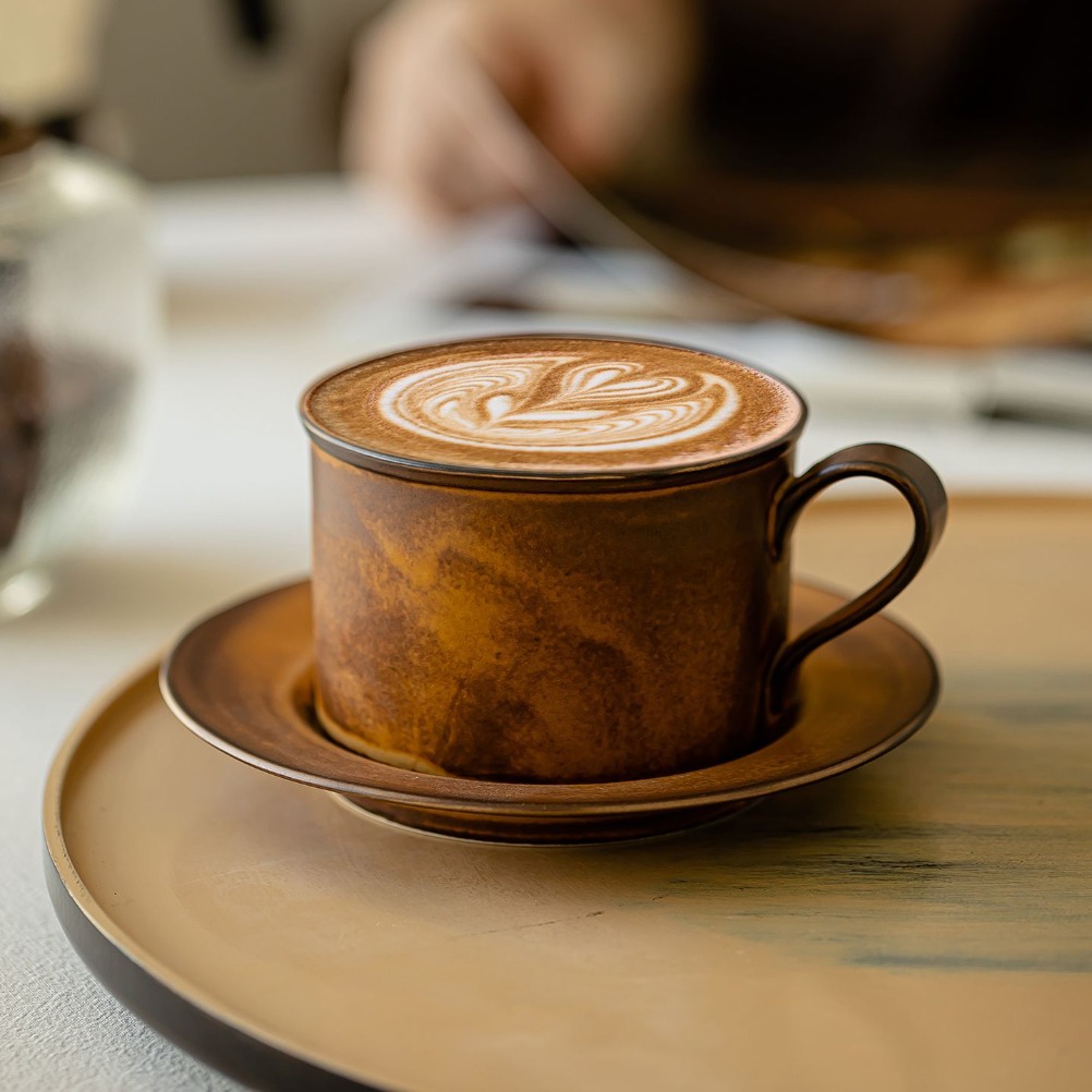 Old Fashioned Glass - 日本のレトロなコーヒーカップとプレートセット 大容量250ml セラミックカプチーノカップ ミルクカップ 窯焼き粗陶マグカップ