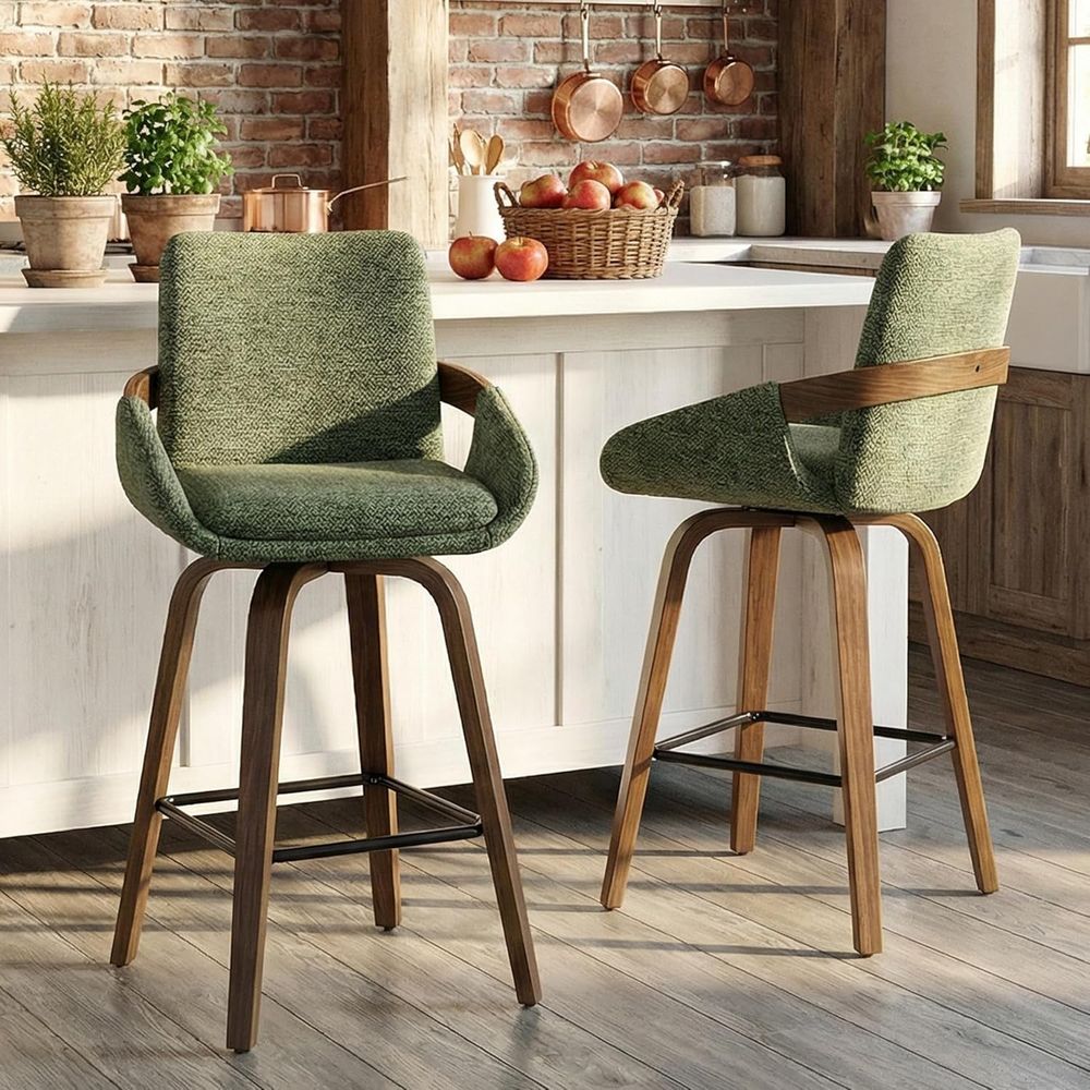 Home Bar Seating - 26インチ回転式バースツール2脚セット、リネン生地とウォールナット曲げ木の背もたれ付き、モスカラー、キッチンアイランドやホームバーの座席に最適