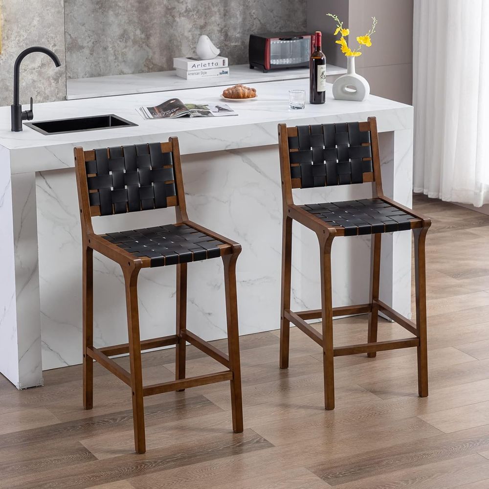 木製バースツール2脚セット、ブラックレザーストラップシート、 - Home Bar Stools のレビューと価格