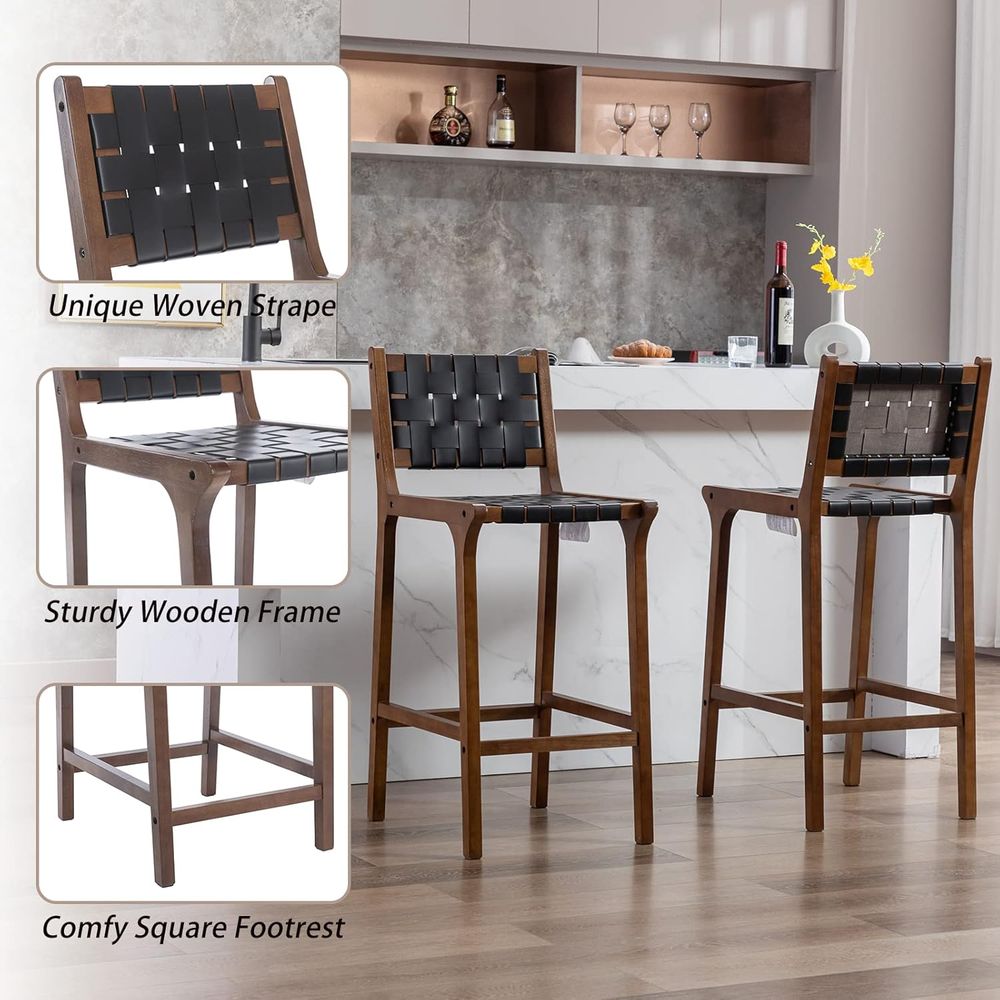 木製バースツール2脚セット、ブラックレザーストラップシート、 - Home Bar Stools のレビューと価格