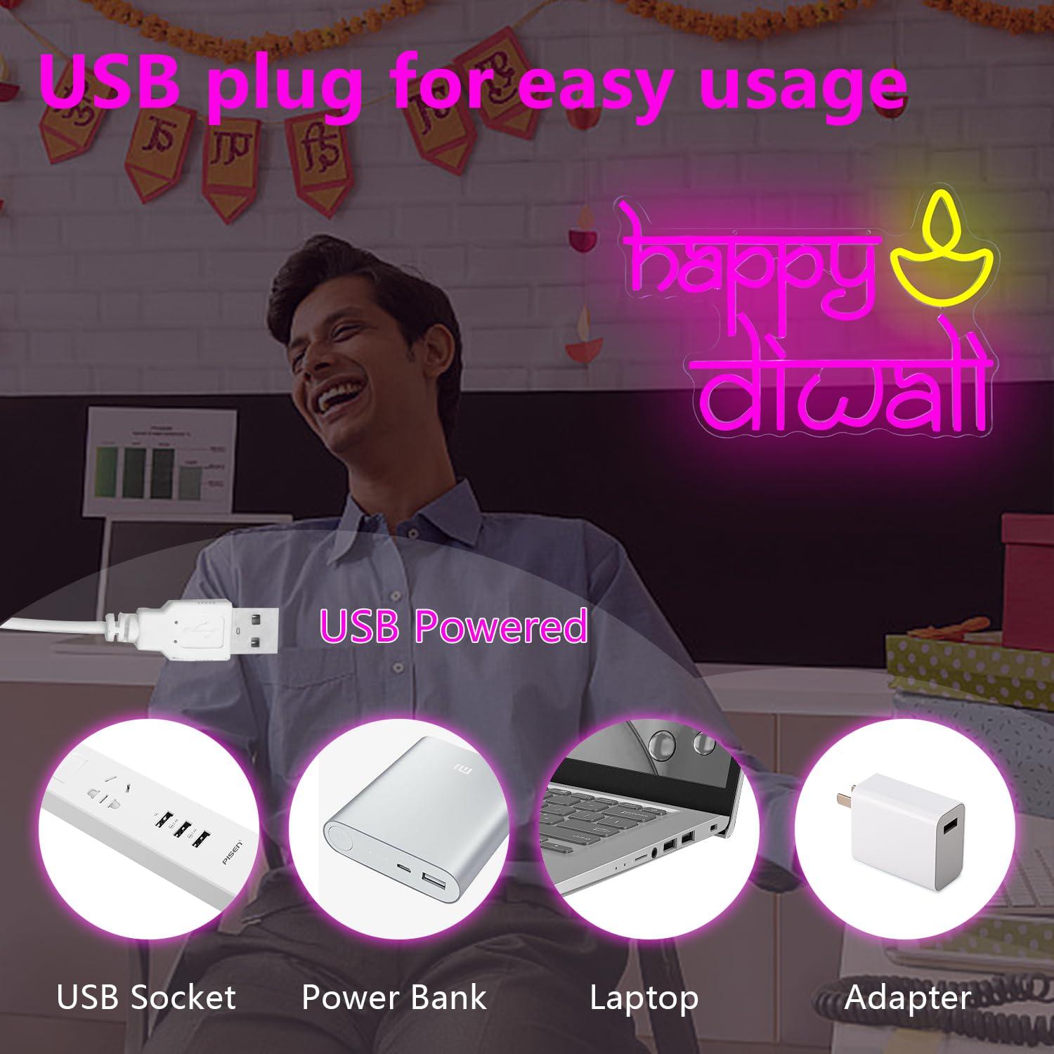 ハッピーディワリネオンサインUSB電源LED調光可能ネオンラ - Home Bar Signs のレビューと価格