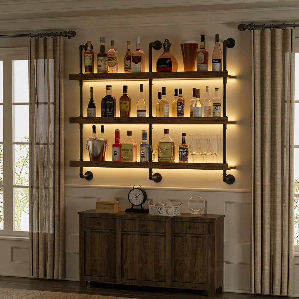 壁掛けワインラック LEDライト付き 3段フローティングバー - Home Bar Shelf のレビューと価格