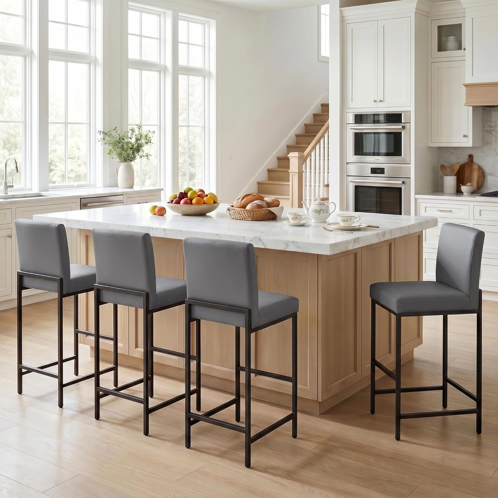グレーのレザーレット製バースツール4脚セット、金属製の脚付き - Home Bar Stools のレビューと価格