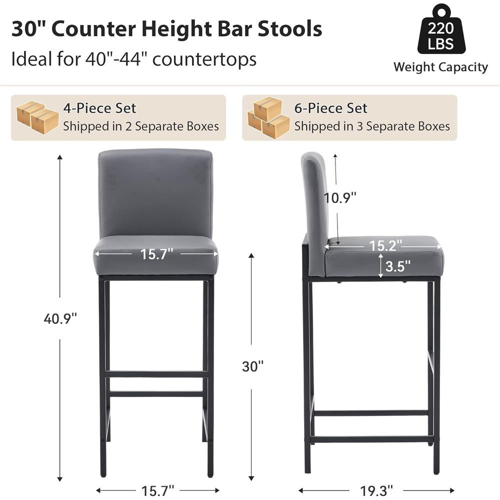 グレーのレザーレット製バースツール4脚セット、金属製の脚付き - Home Bar Stools のレビューと価格